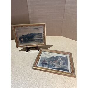 Pair Antique Hand-Colored Engravings Clovelly & Wigton Galloway Framed 12.5x9.5